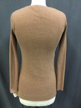 ANTHROPOGIE, Sienna Brown, Acrylic, Solid, V-neck, Rib Knit, Long Sleeves, Side Slits