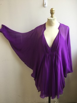 DVF, Violet Purple, Silk, Polyester, Pullover, V-neck, Gathered Underbust, Chiffon Over-layer, Slip Lining, 2 Buttons at Sleeves