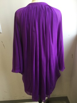 DVF, Violet Purple, Silk, Polyester, Pullover, V-neck, Gathered Underbust, Chiffon Over-layer, Slip Lining, 2 Buttons at Sleeves
