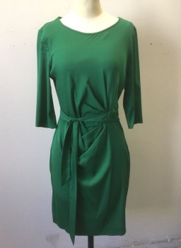 DVF, Emerald Green, Synthetic, Solid, Stretch Satin Material, 3/4 Sleeves, Scoop Neck, Self Belt Ties at Side Waist, with Gathered Sculptural Detail at Waist, Knee Length, Invisible Zipper at Side