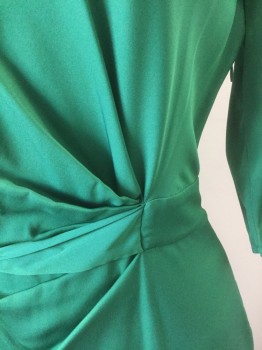 DVF, Emerald Green, Synthetic, Solid, Stretch Satin Material, 3/4 Sleeves, Scoop Neck, Self Belt Ties at Side Waist, with Gathered Sculptural Detail at Waist, Knee Length, Invisible Zipper at Side