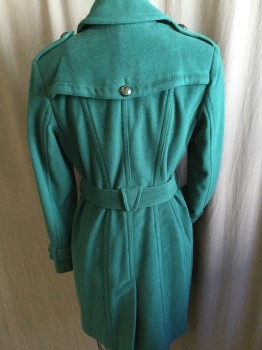 Womens, Coat, Winter, COLE  HAAN, Forest Green, Wool, Polyester, Solid, 6, Shinny Green Lining, 3/4 Length, Large Peek Lapel ,epaulletes, Double Breasted,  2 Pockets with Flap, Long Sleeves with Belt, & Matching Button, Self Detach Belt, Flap Back with Matching Button,  Split Center Back Hem