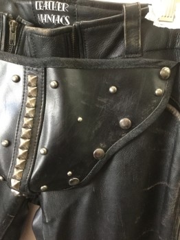 Mens, Leather Pants, LEATHER MANIACS, Black, Silver, Leather, Metallic/Metal, Solid, Ins:33, W:35, Straight Leg, Detachable Codpiece at Groin with Silver Metal Circular and Pyramid Shaped Studs, 2 Zippers at Fly, 3 Pockets, Belt Loops, Fetish Wear/"Leather Daddy"