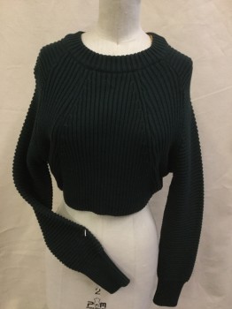 TOPSHOP, Dk Green, Cotton, Solid, Dark Forrest Green Ribbed, Vertical/diagonal/horizontal Ribbed Pattern, Round Neck with Goldenrod Inside,  Cropped, Long Sleeves,