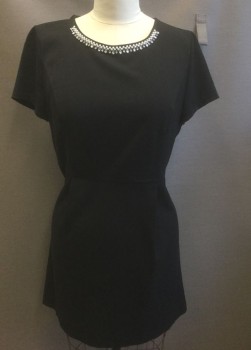 KENZIE, Black, Pearl White, Polyester, Rayon, Solid, Solid Black Gabardine with Pearls and Silver Teardrop Shaped Jewels at Scoop Neck, Cap-Sleeves, Above Knee Length, Princess Seams, Silver Zipper at Center Back