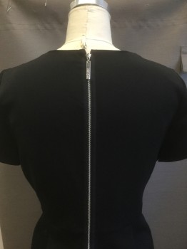KENZIE, Black, Pearl White, Polyester, Rayon, Solid, Solid Black Gabardine with Pearls and Silver Teardrop Shaped Jewels at Scoop Neck, Cap-Sleeves, Above Knee Length, Princess Seams, Silver Zipper at Center Back