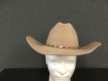 MHT WESTERNS, Tan Brown, Fur, Solid, Fur Felt, Brown Hat Band with Dark Brown Braided Detail and Silver Medallions (Pressed and Discolored Areas on Top Crown and Brim)