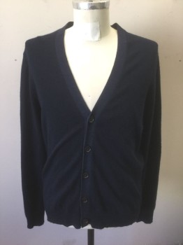 NEIMAN MARCUS, Navy Blue, Cashmere, Solid, Dark Navy, Knit, Long Sleeves, V-neck, 5 Buttons