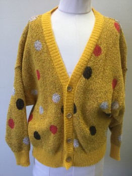 Childrens, Cardigan Sweater, THE ANIMALS OBSERVAT, Sunflower Yellow, Red, Black, White, Cotton, Polka Dots, Sz 8, Marigold Yellow with Red, White and Black Circles Pattern, Knit, Low Armholes, Long Sleeves, 4 Buttons, V-neck
