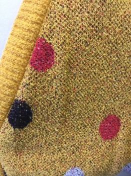 Childrens, Cardigan Sweater, THE ANIMALS OBSERVAT, Sunflower Yellow, Red, Black, White, Cotton, Polka Dots, Sz 8, Marigold Yellow with Red, White and Black Circles Pattern, Knit, Low Armholes, Long Sleeves, 4 Buttons, V-neck