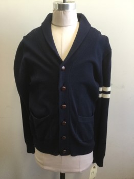 Childrens, Cardigan Sweater, CREWCUTS, Navy Blue, White, Cotton, Solid, Stripes - Horizontal , 14, Navy Cardigan with 2 White Hstripes on Sleeve, Shawl Collar, 2 Patch Pockets