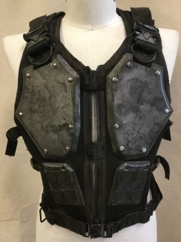Unisex, Sci-Fi/Fantasy Vest, MTO, Black, Synthetic, Nylon, O/S, Faux Metal Breast And Back Plates, Adjustable Side Straps, Waist Belt/Buckle, Adjustable Should Buckles, Zip Front, Metal Grommets, Multiples