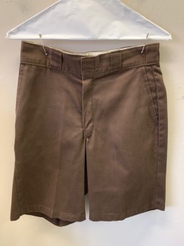 DICKIES, Brown, Poly/Cotton, Solid, Zip Front, Flat Front, 2 Slant Pockets, 2 Back Welt Pockets with One Button, Side Welt Pocket