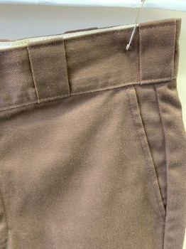 DICKIES, Brown, Poly/Cotton, Solid, Zip Front, Flat Front, 2 Slant Pockets, 2 Back Welt Pockets with One Button, Side Welt Pocket