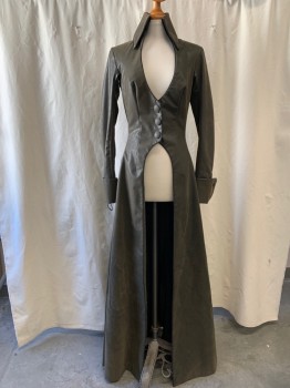 Womens, Sci-Fi/Fantasy Coat/Robe, MTO, Dk Brown, Leather, Solid, S, Duster, Deep V Front, 3 Button Front, Oversized High Pointy Collar, Cutaway, Long Sleeves, Center Back Lace Up, Sleeve Back Lace Up, Turned Back Cuffs with Button Detail, Black Piping Trim, Floor Length Hem, Multiples