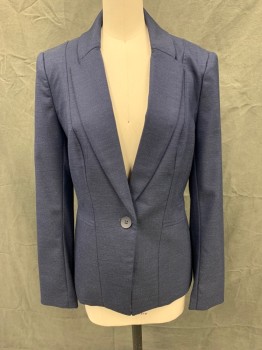 LE CHATEAU, Navy Blue, Black, Polyester, Viscose, Birds Eye Weave, Single Breasted, 1 Button, Collar Attached, Peaked Lapel, Long Sleeves