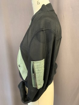 BCBG, Black, Olive Green, Tencel, Cotton, Color Blocking, Zip Front, Bomber Cut, Rib Knit Collar/cuff/ Waistband, Mesh Body with Solid Cotton Details