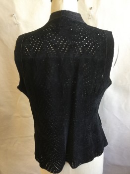 Womens, Leather Vest, MY TRIBE, Faded Black, Leather, Solid, S, Faded Black Perforated, Draped Collar Attached, Open Front with 2 Large Hook & Eye, 2  Side Pockets