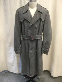 N/L, Gray, Lt Gray, Wool, Heathered, Spread Collar, Double-Breasted, Shoulder Epaulets, 2  Flap Besom Pockets, Belted Cuffs, Belted Waist, Back Vent, Front Shoulder Gun Flaps, Below the Knee Length, Mauve Leather Buckles