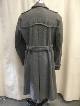 N/L, Gray, Lt Gray, Wool, Heathered, Spread Collar, Double-Breasted, Shoulder Epaulets, 2  Flap Besom Pockets, Belted Cuffs, Belted Waist, Back Vent, Front Shoulder Gun Flaps, Below the Knee Length, Mauve Leather Buckles