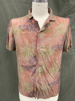 NATIVE YOUTH, Faded Red, Olive Green, Aubergine Purple, Purple, Cotton, Leaves/Vines , Hawaiian Print, Faded, Button Front, Collar Attached, Short Sleeves