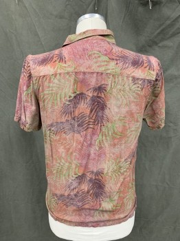 NATIVE YOUTH, Faded Red, Olive Green, Aubergine Purple, Purple, Cotton, Leaves/Vines , Hawaiian Print, Faded, Button Front, Collar Attached, Short Sleeves