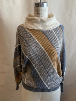 Womens, Sweater, JOYCE, Gray, Tan Brown, Off White, Acrylic, Stripes, M, Off White Cowl, Long Sleeves, 2 Buttons at left Neck *Small Stain on Left Side Collar*