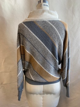 Womens, Sweater, JOYCE, Gray, Tan Brown, Off White, Acrylic, Stripes, M, Off White Cowl, Long Sleeves, 2 Buttons at left Neck *Small Stain on Left Side Collar*