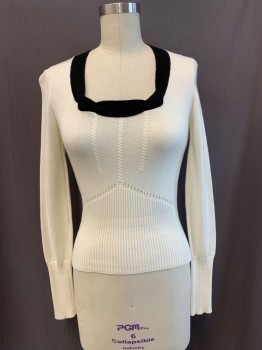 Womens, Pullover, NANETTE LEPORE, Off White, Black, Cashmere, Solid, S, Square Neck, Long Sleeves