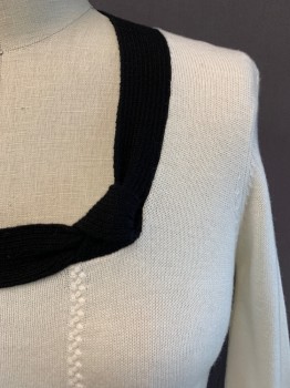 NANETTE LEPORE, Off White, Black, Cashmere, Solid, Square Neck, Long Sleeves