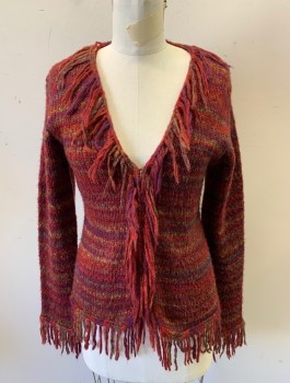 Womens, Sweater, HEART MOON STAR, Maroon Red, Purple, Red Burgundy, Green, Acrylic, Polyester, Stripes - Horizontal , M, Cardigan, Knit, Hook & Eye Closures at Front with Self Fringe Edges, V-neck, Fringe at Cuffs & Hem,