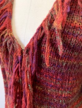 Womens, Sweater, HEART MOON STAR, Maroon Red, Purple, Red Burgundy, Green, Acrylic, Polyester, Stripes - Horizontal , M, Cardigan, Knit, Hook & Eye Closures at Front with Self Fringe Edges, V-neck, Fringe at Cuffs & Hem,