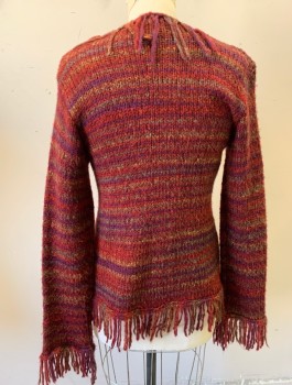 HEART MOON STAR, Maroon Red, Purple, Red Burgundy, Green, Acrylic, Polyester, Stripes - Horizontal , Cardigan, Knit, Hook & Eye Closures at Front with Self Fringe Edges, V-neck, Fringe at Cuffs & Hem,