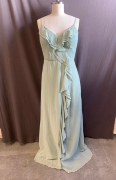 DB STUDIO, Sage Green, Polyester, Size 12, Spaghetti Straps, V-neck, Ruffles on Bust, Waterfall Ruffle Down Front, Slit, Floor Length, Zip Back