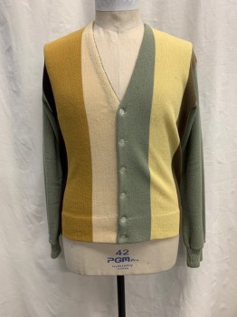 Mens, Sweater, DAN DIAMOND, Sage Green, Brown, Butter Yellow, Beige, Mustard Yellow, Wool, Stripes - Vertical , Color Blocking, L, Cardigan,V-neck, Single Breasted, Button Front, Long Sleeves, 2 Buttons on Each Side of Waist, *Tiny Hole on Left Side of Back Waist