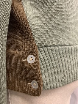 Mens, Sweater, DAN DIAMOND, Sage Green, Brown, Butter Yellow, Beige, Mustard Yellow, Wool, Stripes - Vertical , Color Blocking, L, Cardigan,V-neck, Single Breasted, Button Front, Long Sleeves, 2 Buttons on Each Side of Waist, *Tiny Hole on Left Side of Back Waist