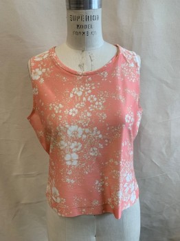 Womens, 1970s Vintage, Piece 1, JSE CALIFORNIA, Salmon Pink, White, Cream, Polyester, Floral, W34, B38, Top, Sleeveless, Crew Neck