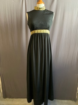 Womens, Cocktail Dress, JOSEPH MAGNIN, Black, Polyester, Solid, W 27, B 34, Late 1960's, Sleeveless, Band Collar with Gold/Black Clover Ribbon, Empire Waist with Ribbon Waistband, Gathered Skirt, Back Zip, Ankle Length