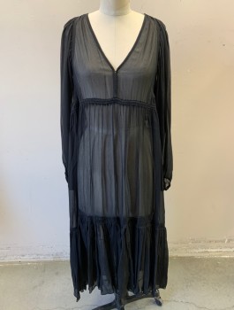 N/L, Black, Polyester, Solid, Sheer Crinkled Chiffon, Long Puffy Sleeves with Elastic Cuffs, V-neck with 3 Hook & Eye Closures at Bust, Drawstring Empire Waist, Midi Length, Ruffled Hem