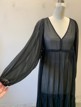 N/L, Black, Polyester, Solid, Sheer Crinkled Chiffon, Long Puffy Sleeves with Elastic Cuffs, V-neck with 3 Hook & Eye Closures at Bust, Drawstring Empire Waist, Midi Length, Ruffled Hem