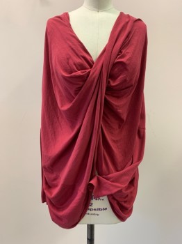 ALL SAINTS, Red Burgundy, Lyocell, Cotton, Solid, Thin Jersey, Pull On, Dropped Shoulder L/S, Draped Cross Over Cowl, Open Front Waist