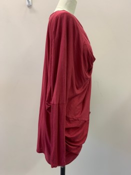 ALL SAINTS, Red Burgundy, Lyocell, Cotton, Solid, Thin Jersey, Pull On, Dropped Shoulder L/S, Draped Cross Over Cowl, Open Front Waist