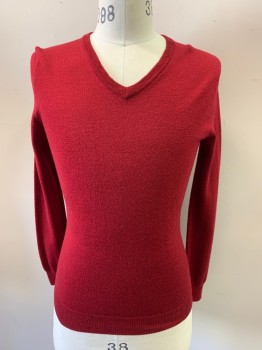 J CREW, Wine Red, Wool, Solid, Long Sleeves, V-neck, Fitted/Slim Fit,