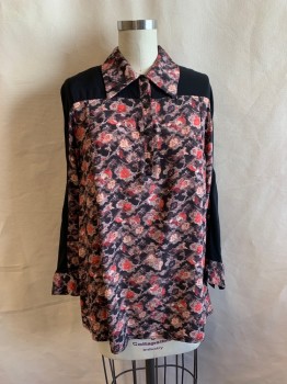 TANYA TAYLOR, Black, Lt Brown, Lt Orange, Red, Beige, Silk, Floral, Abstract , Collar Attached, Snaps on Half Placket and Cuffs, Black Silk Down Sleeves, Shoulders, and Yoke