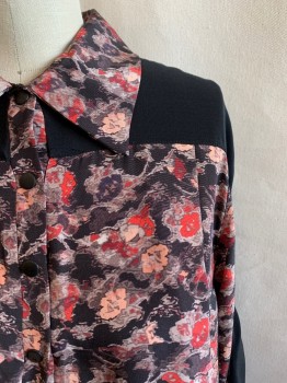 TANYA TAYLOR, Black, Lt Brown, Lt Orange, Red, Beige, Silk, Floral, Abstract , Collar Attached, Snaps on Half Placket and Cuffs, Black Silk Down Sleeves, Shoulders, and Yoke