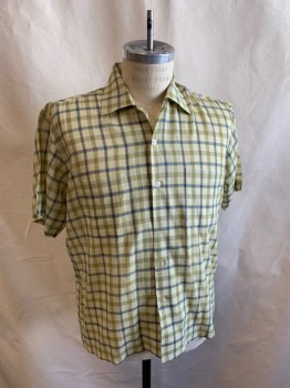 Mens, Casual Shirt, CRANBROOK, Dijon Yellow, Olive Green, Blue, Poly/Cotton, Check , M, S/S, Button Front, Chest Pockets, Back Darts, 1950s