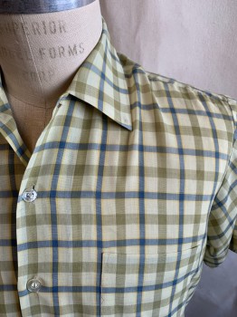 Mens, Casual Shirt, CRANBROOK, Dijon Yellow, Olive Green, Blue, Poly/Cotton, Check , M, S/S, Button Front, Chest Pockets, Back Darts, 1950s