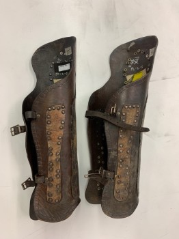 Unisex, Sci-Fi/Fantasy Gauntlets, MTO, Dk Brown, Leather, Solid, O/S, *Aged/Distressed* a Pair of Straps and Silver Buckles, Flat Grommets