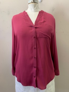 SIMPLY EMMA, Magenta Pink, Polyester, Solid, Band Collar, V-N, Button Front, L/S, 1 Pocket, Bttn. at Middle of Each Sleeve
