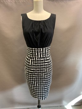 TRINA TURK, Black, White, Silk, Polyester, Solid, Geometric, Blouse Like Attached Top, with Thick Waistband, Kick Pleat at CB